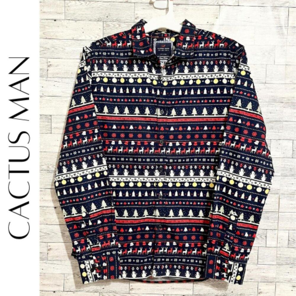 CACTUS MAN RICKY SINGH Men’s Blue Holiday Button Down Shirt, L